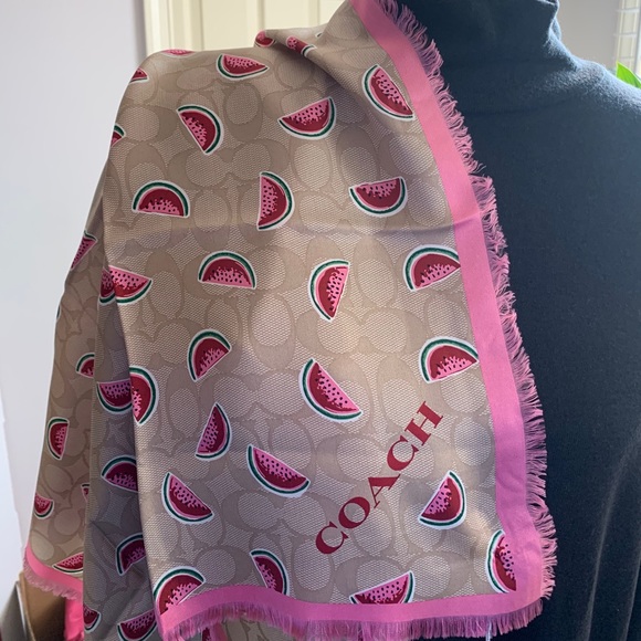 Coach Signature Pink Watermelon Square Silk Scarf - Picture 2 of 6